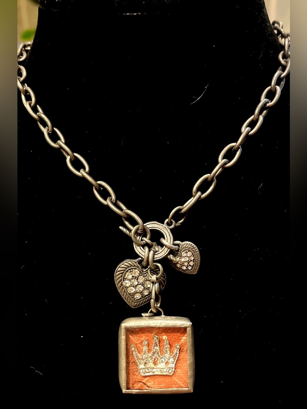 Gold-Tone Heart Charm Necklace with Orange Crown Pendant